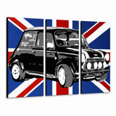 Χειροποίητη ζωγραφική POP Art MINI COOPER 3 τεμάχια mini2 – Τρισδιάστατη απεικόνιση του χειροποίητα ζωγραφισμένου καμβά σε λευκό φόντο. Κυρίαρχα χρώματα: μαύρο, μπλε, λευκό.