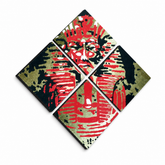 Χειροποίητη ζωγραφική POP Art Tutan Chamon 4 τεμαχίων εδώ – Τρισδιάστατη απεικόνιση του χειροποίητα ζωγραφισμένου καμβά σε λευκό φόντο. Κυρίαρχα χρώματα: μαύρο, κόκκινο, καφέ.