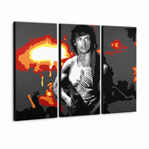 Χειροποίητος πίνακας ζωγραφικής POP Art Rambo 3 piece ram – Τρισδιάστατη απεικόνιση του χειροποίητα ζωγραφισμένου καμβά σε λευκό φόντο. Κυρίαρχα χρώματα: μαύρο, πορτοκαλί, λευκό, κόκκινο, γκρι.