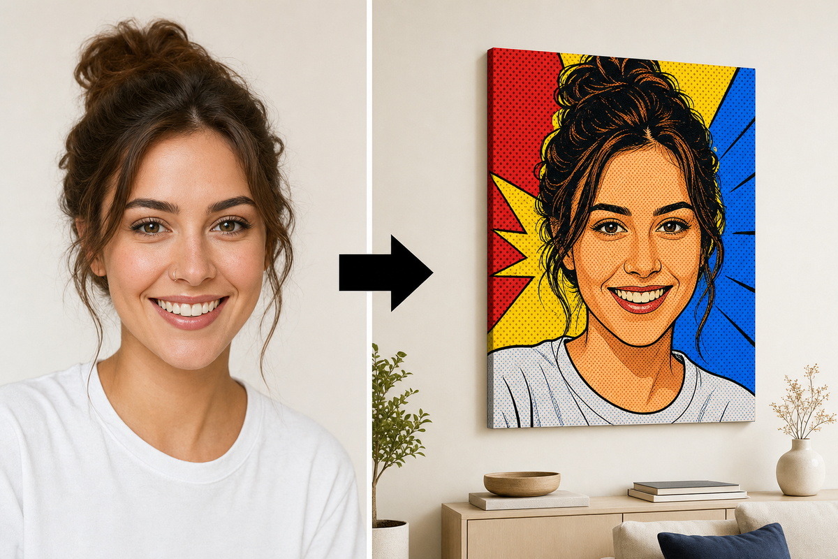 Komiksový obraz z fotky – pred a po (mockup): fotka premenená na pop-art obraz na plátne na stene, Papilora