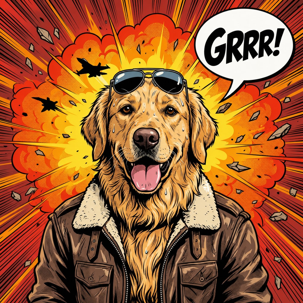 Ποπ-αρτ κόμικ πίνακας σκύλου από φωτογραφία σε καμβά – σκύλος με μπουφάν πιλότου μπροστά σε έκρηξη με συννεφάκι GRRR!, Papilora