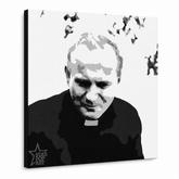 Χειροποίητη POP Art εικόνα του Ιωάννη Παύλου Β'. 1 μέρος jp – Τρισδιάστατη απεικόνιση του χειροποίητα ζωγραφισμένου καμβά σε λευκό φόντο. Κυρίαρχα χρώματα: μαύρο, λευκό, γκρι.