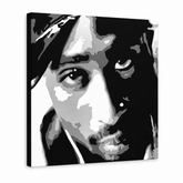 Χειροποίητη ζωγραφική POP Art 2 PAC 1 τεμάχιο 2pac – Τρισδιάστατη απεικόνιση του χειροποίητα ζωγραφισμένου καμβά σε λευκό φόντο. Κυρίαρχα χρώματα: μαύρο, λευκό, γκρι.