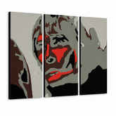 Χειροποίητη ζωγραφική POP Art BROWN APE 3 κομμάτι ibbrown – Τρισδιάστατη απεικόνιση του χειροποίητα ζωγραφισμένου καμβά σε λευκό φόντο. Κυρίαρχα χρώματα: μαύρο, κόκκινο, γκρι, καφέ, λευκό.