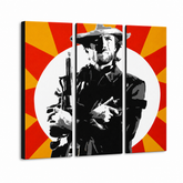 Χειροποίητη ζωγραφική POP Art Clint Eastwood 3 κομμάτι ce2 – Τρισδιάστατη απεικόνιση του χειροποίητα ζωγραφισμένου καμβά σε λευκό φόντο. Κυρίαρχα χρώματα: μαύρο, κίτρινο, κόκκινο, λευκό.