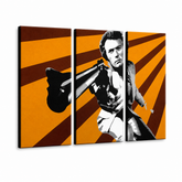 Χειροποίητη ζωγραφική POP Art Clint Eastwood 3 part ce – Τρισδιάστατη απεικόνιση του χειροποίητα ζωγραφισμένου καμβά σε λευκό φόντο. Κυρίαρχα χρώματα: πορτοκαλί, καφέ, μαύρο.