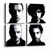 Χειροποίητη ζωγραφική POP Art Coldplay 4 τεμάχια cp – Τρισδιάστατη απεικόνιση του χειροποίητα ζωγραφισμένου καμβά σε λευκό φόντο. Κυρίαρχα χρώματα: μαύρο, λευκό, γκρι.