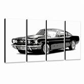 Χειροποίητη ζωγραφική POP Art Ford Mustang 4 τεμάχια fm – Τρισδιάστατη απεικόνιση του χειροποίητα ζωγραφισμένου καμβά σε λευκό φόντο. Κυρίαρχα χρώματα: μαύρο, γκρι, λευκό.