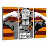 Χειροποίητη ζωγραφική POP Art Francesco Totti 3 piece tot – Τρισδιάστατη απεικόνιση του χειροποίητα ζωγραφισμένου καμβά σε λευκό φόντο. Κυρίαρχα χρώματα: κόκκινο, πορτοκαλί, γκρι, μαύρο, λευκό.