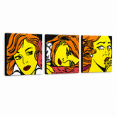 Χειροποίητη ζωγραφική POP Art LICHTENSTEIN 3 κομμάτι li7 – Τρισδιάστατη απεικόνιση του χειροποίητα ζωγραφισμένου καμβά σε λευκό φόντο. Κυρίαρχα χρώματα: κίτρινο, μαύρο, πορτοκαλί.