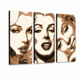 Χειροποίητη ζωγραφική POP Art Marilyn MONROE 3 κομμάτι mon1 – Τρισδιάστατη απεικόνιση του χειροποίητα ζωγραφισμένου καμβά σε λευκό φόντο. Κυρίαρχα χρώματα: μπεζ, καφέ, μαύρο.