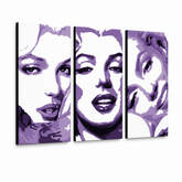 Χειροποίητη ζωγραφική POP Art Marilyn MONROE 3 κομμάτι mon4 – Τρισδιάστατη απεικόνιση του χειροποίητα ζωγραφισμένου καμβά σε λευκό φόντο. Κυρίαρχα χρώματα: μωβ, λευκό, μαύρο.