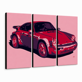 Χειροποίητη ζωγραφική POP Art PORSCHE 911 3 κομμάτι por3 – Τρισδιάστατη απεικόνιση του χειροποίητα ζωγραφισμένου καμβά σε λευκό φόντο. Κυρίαρχα χρώματα: κόκκινο, ροζ, μαύρο.