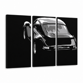 Χειροποίητη ζωγραφική POP Art PORSCHE 911 3 κομμάτι por4 – Τρισδιάστατη απεικόνιση του χειροποίητα ζωγραφισμένου καμβά σε λευκό φόντο. Κυρίαρχα χρώματα: μαύρο, λευκό, γκρι.