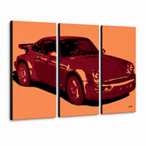 Χειροποίητη ζωγραφική POP Art PORSCHE 911 3 piece por – Τρισδιάστατη απεικόνιση του χειροποίητα ζωγραφισμένου καμβά σε λευκό φόντο. Κυρίαρχα χρώματα: πορτοκαλί, κόκκινο, μαύρο.