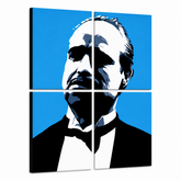 Χειροποίητη ζωγραφική POP Art του Marlon Brando 4 μέρη mb4 – Τρισδιάστατη απεικόνιση του χειροποίητα ζωγραφισμένου καμβά σε λευκό φόντο. Κυρίαρχα χρώματα: μπλε, μαύρο, λευκό.