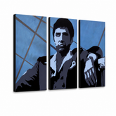 Χειροποίητος πίνακας ζωγραφικής POP Art AL PACINO 3 τεμάχια al19 – Τρισδιάστατη απεικόνιση του χειροποίητα ζωγραφισμένου καμβά σε λευκό φόντο. Κυρίαρχα χρώματα: μπλε, μαύρο, λευκό.
