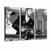 Χειροποίητος πίνακας ζωγραφικής POP Art AL PACINO 3 τεμάχια al2 – Τρισδιάστατη απεικόνιση του χειροποίητα ζωγραφισμένου καμβά σε λευκό φόντο. Κυρίαρχα χρώματα: μαύρο, γκρι, λευκό.
