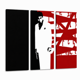 Χειροποίητος πίνακας ζωγραφικής POP Art AL PACINO 3 τεμάχια al33 – Τρισδιάστατη απεικόνιση του χειροποίητα ζωγραφισμένου καμβά σε λευκό φόντο. Κυρίαρχα χρώματα: μαύρο, λευκό, κόκκινο.