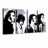 Χειροποίητος πίνακας ζωγραφικής POP Art Beatles 4 τεμαχίων bea5 – Τρισδιάστατη απεικόνιση του χειροποίητα ζωγραφισμένου καμβά σε λευκό φόντο. Κυρίαρχα χρώματα: μαύρο, γκρι, λευκό, χρυσό.