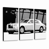 Χειροποίητος πίνακας ζωγραφικής POP Art BENTLEY 3 piece bent – Τρισδιάστατη απεικόνιση του χειροποίητα ζωγραφισμένου καμβά σε λευκό φόντο. Κυρίαρχα χρώματα: λευκό, μαύρο, γκρι.