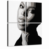 Χειροποίητος πίνακας ζωγραφικής POP Art BEYONCÉ 4 piece bey – Τρισδιάστατη απεικόνιση του χειροποίητα ζωγραφισμένου καμβά σε λευκό φόντο. Κυρίαρχα χρώματα: μαύρο, λευκό, γκρι.