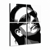 Χειροποίητος πίνακας ζωγραφικής POP Art Bono-U2 4 τεμάχια bono2 – Τρισδιάστατη απεικόνιση του χειροποίητα ζωγραφισμένου καμβά σε λευκό φόντο. Κυρίαρχα χρώματα: μαύρο, λευκό, γκρι.