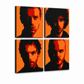 Χειροποίητος πίνακας ζωγραφικής POP Art Coldplay 4 τεμάχια cp2 – Τρισδιάστατη απεικόνιση του χειροποίητα ζωγραφισμένου καμβά σε λευκό φόντο. Κυρίαρχα χρώματα: μαύρο, πορτοκαλί, κόκκινο.