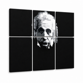 Χειροποίητος πίνακας ζωγραφικής POP Art Einstein 6 μέρη einstein – Τρισδιάστατη απεικόνιση του χειροποίητα ζωγραφισμένου καμβά σε λευκό φόντο. Κυρίαρχα χρώματα: μαύρο, λευκό, γκρι.