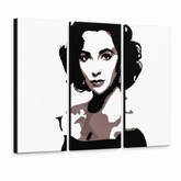 Χειροποίητος πίνακας ζωγραφικής POP Art Elizabeth Taylor 3 piece et2 – Τρισδιάστατη απεικόνιση του χειροποίητα ζωγραφισμένου καμβά σε λευκό φόντο. Κυρίαρχα χρώματα: μαύρο, καφέ, λευκό.