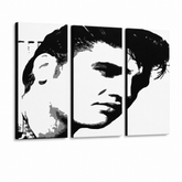Χειροποίητος πίνακας ζωγραφικής POP Art ELVIS 3 piece el – Τρισδιάστατη απεικόνιση του χειροποίητα ζωγραφισμένου καμβά σε λευκό φόντο. Κυρίαρχα χρώματα: μαύρο, λευκό, γκρι.