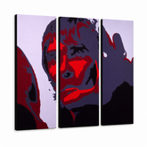 Χειροποίητος πίνακας ζωγραφικής POP Art Ian Brown 3 piece ib – Τρισδιάστατη απεικόνιση του χειροποίητα ζωγραφισμένου καμβά σε λευκό φόντο. Κυρίαρχα χρώματα: μαύρο, κόκκινο, γκρι.