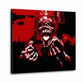 Χειροποίητος πίνακας ζωγραφικής POP Art Iron Maiden 1 piece im – Τρισδιάστατη απεικόνιση του χειροποίητα ζωγραφισμένου καμβά σε λευκό φόντο. Κυρίαρχα χρώματα: κόκκινο, μαύρο, λευκό.