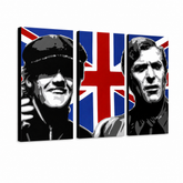 Χειροποίητος πίνακας ζωγραφικής POP Art Italian Job 3 piece ij – Τρισδιάστατη απεικόνιση του χειροποίητα ζωγραφισμένου καμβά σε λευκό φόντο. Κυρίαρχα χρώματα: μαύρο, λευκό, μπλε, κόκκινο, καφέ.