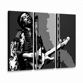Χειροποίητος πίνακας ζωγραφικής POP Art Jimmy Hendrix 3 piece jh – Τρισδιάστατη απεικόνιση του χειροποίητα ζωγραφισμένου καμβά σε λευκό φόντο. Κυρίαρχα χρώματα: μαύρο, λευκό, γκρι.