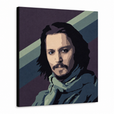 Χειροποίητος πίνακας ζωγραφικής POP Art Johnny Depp1 κομμάτι jd – Τρισδιάστατη απεικόνιση του χειροποίητα ζωγραφισμένου καμβά σε λευκό φόντο. Κυρίαρχα χρώματα: μωβ, μπλε, μαύρο, μπεζ, πράσινο.