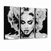 Χειροποίητος πίνακας ζωγραφικής POP Art MADONNA 3 τεμαχίων ma2 – Τρισδιάστατη απεικόνιση του χειροποίητα ζωγραφισμένου καμβά σε λευκό φόντο. Κυρίαρχα χρώματα: μαύρο, γκρι, λευκό.