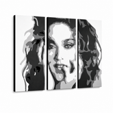 Χειροποίητος πίνακας ζωγραφικής POP Art MADONNA 3 τεμαχίων ma3 – Τρισδιάστατη απεικόνιση του χειροποίητα ζωγραφισμένου καμβά σε λευκό φόντο. Κυρίαρχα χρώματα: μαύρο, λευκό, γκρι.