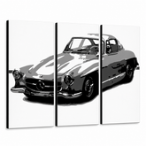 Χειροποίητος πίνακας ζωγραφικής POP Art MERCEDES SL300 3 piece mer – Τρισδιάστατη απεικόνιση του χειροποίητα ζωγραφισμένου καμβά σε λευκό φόντο. Κυρίαρχα χρώματα: μαύρο, λευκό, γκρι.
