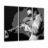 Χειροποίητος πίνακας ζωγραφικής POP Art Miles Davis 3 piece md – Τρισδιάστατη απεικόνιση του χειροποίητα ζωγραφισμένου καμβά σε λευκό φόντο. Κυρίαρχα χρώματα: μαύρο, λευκό, γκρι.