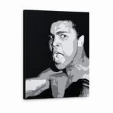 Χειροποίητος πίνακας ζωγραφικής POP Art Muhamad Ali 1 κομμάτι ali – Τρισδιάστατη απεικόνιση του χειροποίητα ζωγραφισμένου καμβά σε λευκό φόντο. Κυρίαρχα χρώματα: μαύρο, γκρι, λευκό.