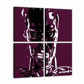 Χειροποίητος πίνακας ζωγραφικής POP Art TERMINATOR 4 piece ter – Τρισδιάστατη απεικόνιση του χειροποίητα ζωγραφισμένου καμβά σε λευκό φόντο. Κυρίαρχα χρώματα: μαύρο, λευκό, μωβ.