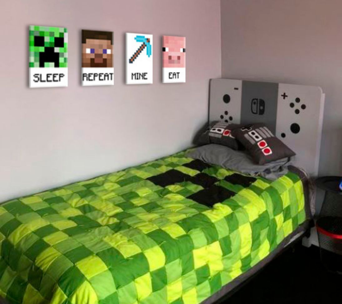 Ζωγραφική Minecraft - Χαρακτηριστικοί χαρακτήρες σε καμβά - EAT, SLEEP, MINE, REPEAT Έκπτωση 60% 80x30 cm