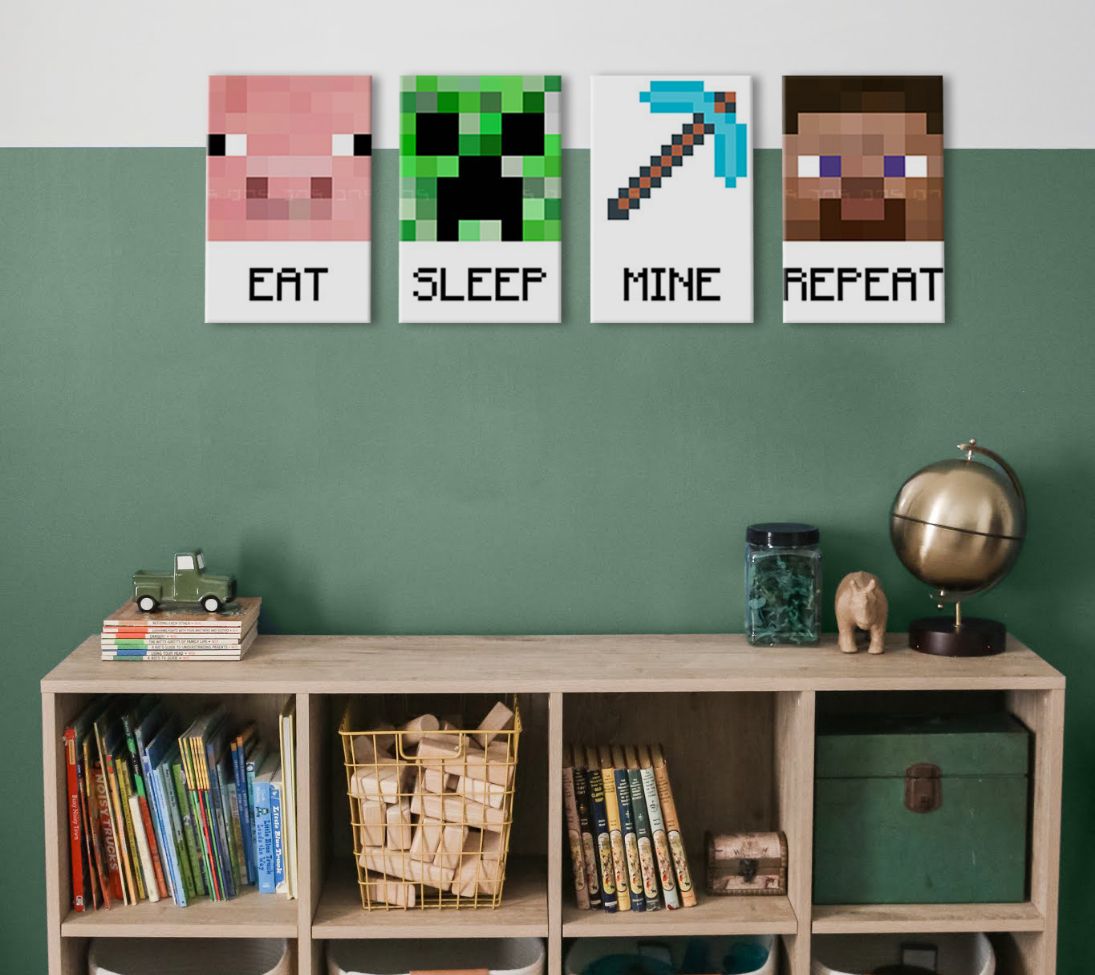 Ζωγραφική Minecraft - Χαρακτηριστικοί χαρακτήρες σε καμβά - EAT, SLEEP, MINE, REPEAT Έκπτωση 60% 80x30 cm