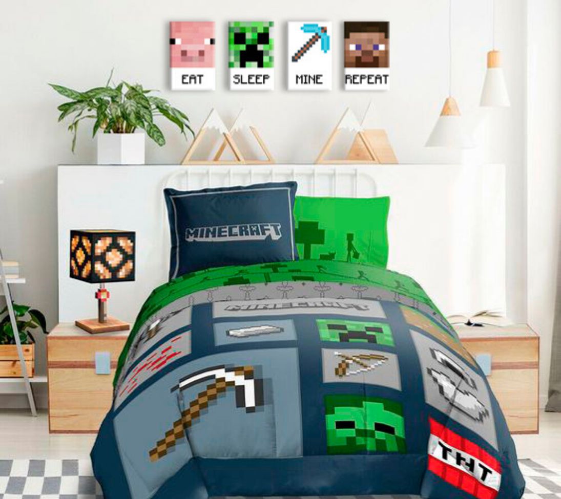 Ζωγραφική Minecraft - Χαρακτηριστικοί χαρακτήρες σε καμβά - EAT, SLEEP, MINE, REPEAT Έκπτωση 60% 80x30 cm