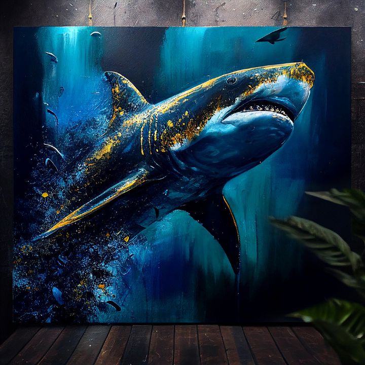 Διακοσμητική ζωγραφική σε καμβά - PREMIUM ART - Shark Force in Dark Water