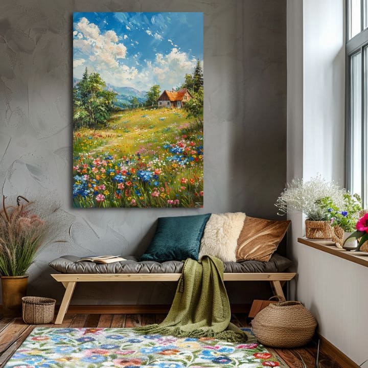 Τοπίο ζωγραφική σε καμβά Εξοχικό σπίτι στα βουνά | Ακρυλικό λεπτομέρειες