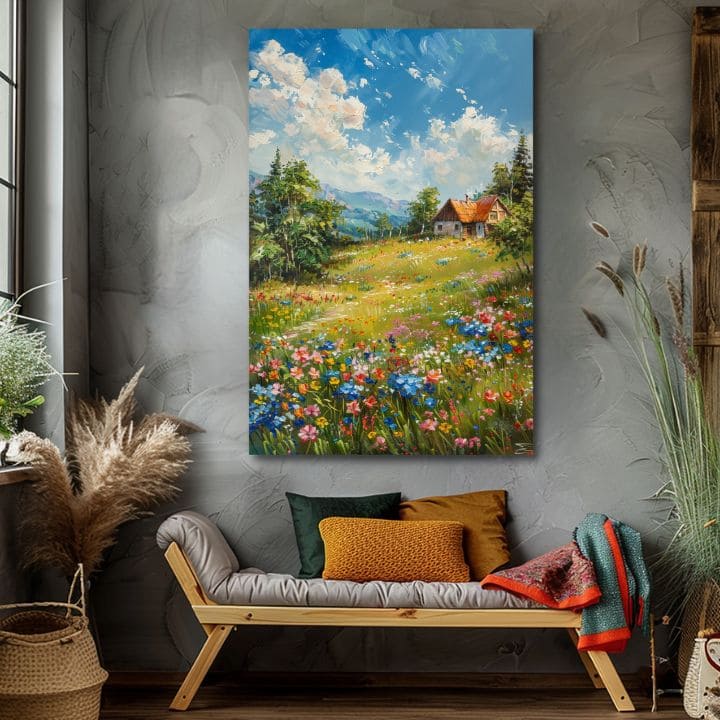 Τοπίο ζωγραφική σε καμβά Εξοχικό σπίτι στα βουνά | Ακρυλικό λεπτομέρειες