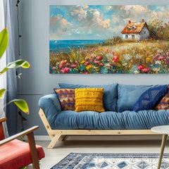 Η εικόνα ενός τοπίου σε καμβά Country house in flowers | Ακρυλικό λεπτομέρειες