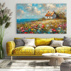 Η εικόνα ενός τοπίου σε καμβά Country house in flowers | Ακρυλικό λεπτομέρειες